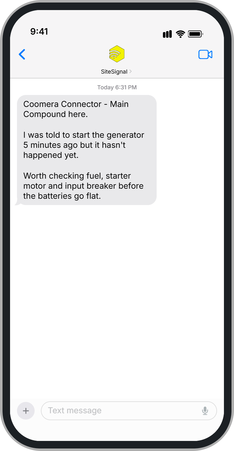 SMS alert showing a generator failed to start